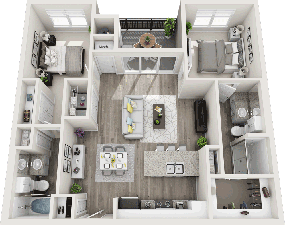 Floor plan for 2 beds, 2 baths, 988 sqft